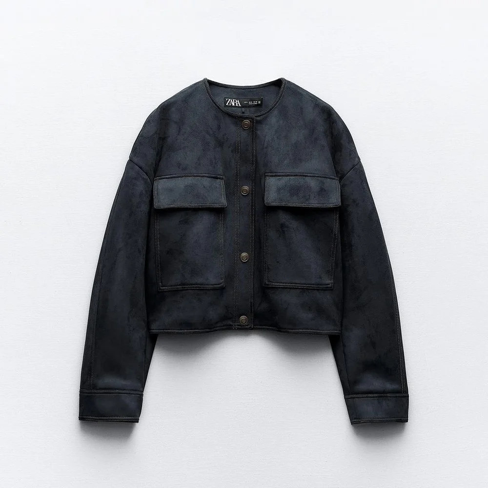 Zara FAUX SUEDE JACKET WITH CONTRAST TOPSTITCHING Size Medium - Picture 4 of 13
